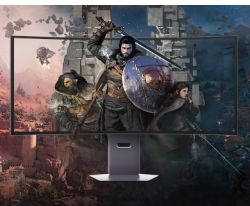 LG UltraGear OLED gaming monitor displaying the fantasy RPG game Crimson Desert with immersive landscapes, battle scenes and detailed characters.