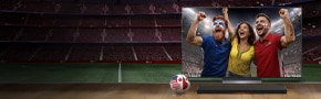 LG oled tv with 3 people celebrating football world cup as a screenfill 