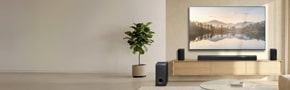 LG wireless speakers US80TR in a cozy sitting room environment, placing under the LG TV large screen with a nature  scenery screen fill
