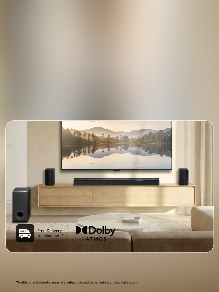 LG wireless speakers US80TR in a cozy sitting room environment, placing under the LG TV large screen with a nature  scenery screen fill