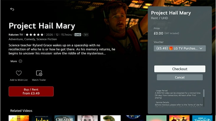 screenshot of an lg tv screen promoting hail mary file and the steps to get free movie vouchers