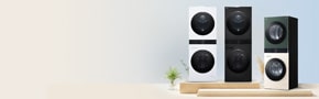 LG WashTower in white, black, green and beige colours on natural background with blue colour at the back with free installation message
