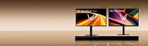 2 LG UltraGear OLED montiors on the podium  featuring LED light in the background with productivity software being displayed