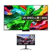 Front view of 100 inch LG QNED evo AI QNED86 MiniLED TV + 32 inch UltraFine Monitor Bundle 100QNED86A6.32UR550