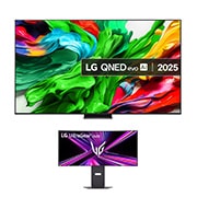 Front view of 100 inch LG QNED evo AI QNED86 MiniLED TV + 34 inch UltraGear™ OLED Curved Gaming Monitor Bundle 100QNED86A6.34GX900