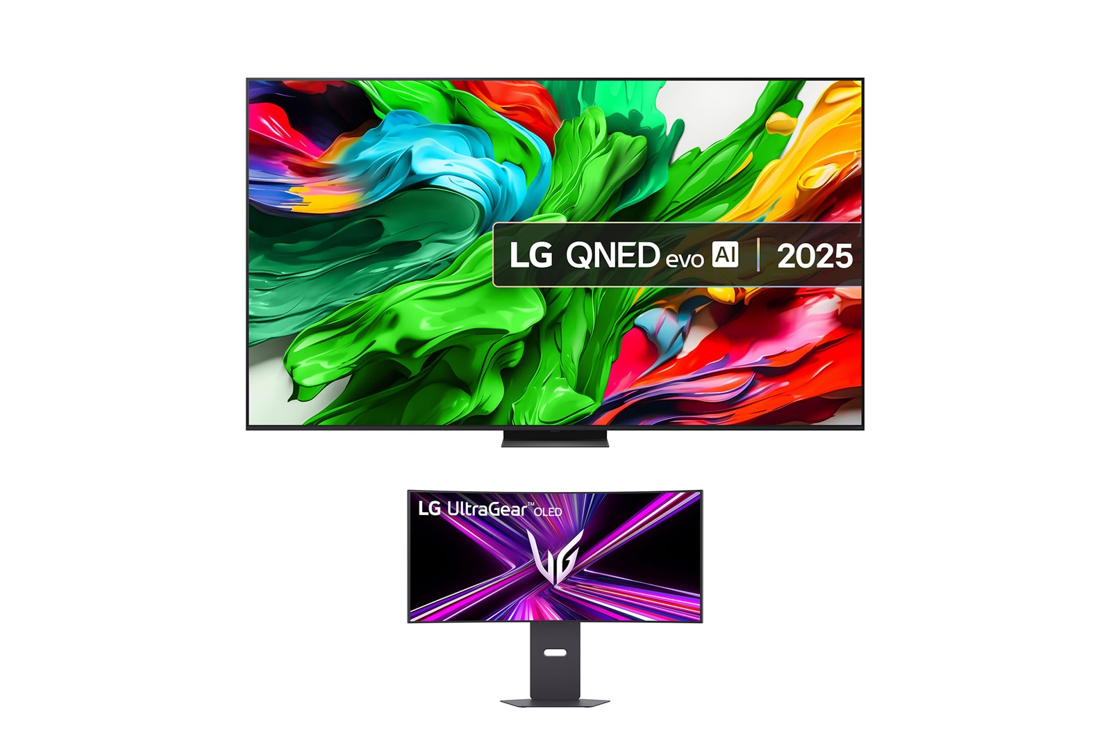 Front view of 100 inch LG QNED evo AI QNED86 MiniLED TV + 34 inch UltraGear™ OLED Curved Gaming Monitor Bundle 100QNED86A6.34GX900