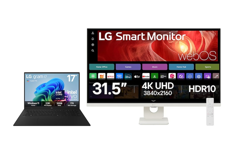Front view of 17" LG gram AI, Copilot+ PC Laptop & 32" LG Smart Monitor Bundle 17Z90TL-G.32U721S