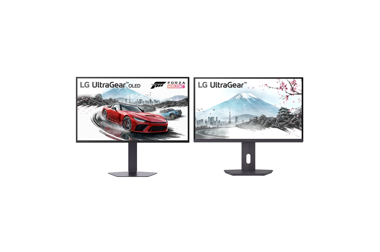 Front view of 27” UltraGear™ OLED GX7 Gaming Monitor + 27" UltraGear™ G6 Monitor Bundle 27GX790B-B.27G610A