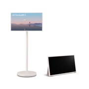 LG StanbyME 2 on a white background with a colourful screen, shown next to the LG StanbyME 2 Folio Cover in standing mode.