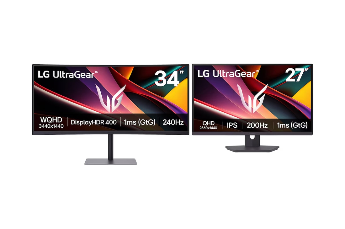 Front view of 34" LG UltraGear™ Gaming Monitor, 1ms (GtG), DisplayHDR™ 400, Clutter-free L-Stand, Black - 34G630A-B. Along with UltraGear 27G610A.