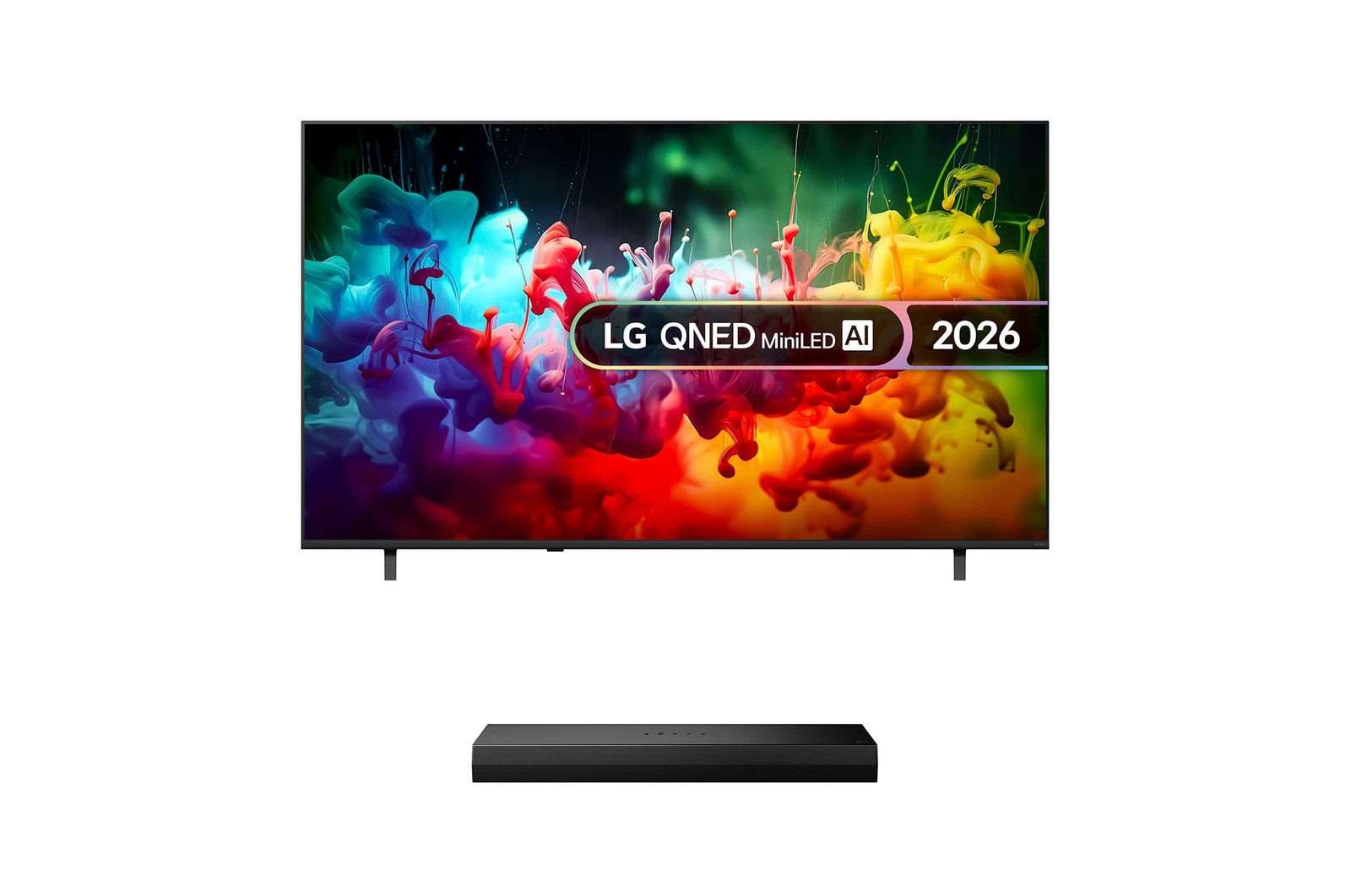 Front view of 75 inch LG QNED AI QNED70 TV & US20A Soundbar Bundle 75QNED70B6A.US20A