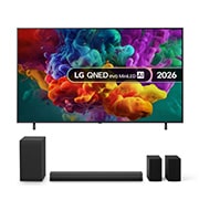 Front view of 75 inch QNED evo AI QNED85 Mini LED TV + US40TR Soundbar Bundle 75QNED85B6B.US40TR