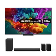 Front view of 75 inch QNED evo AI QNED86 Mini LED TV + US40TR Soundbar Bundle 75QNED86B6B.US40TR