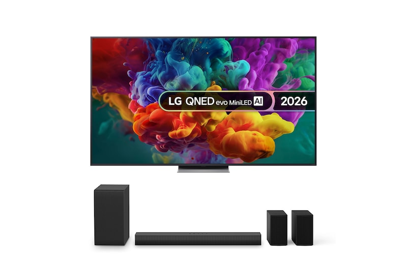 Front view of 75 inch QNED evo AI QNED86 Mini LED TV + US40TR Soundbar Bundle 75QNED86B6B.US40TR
