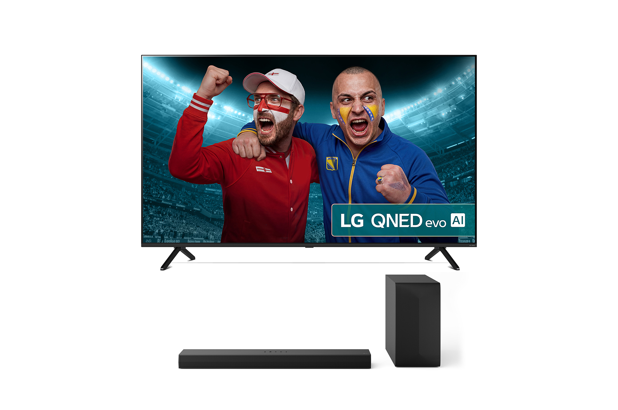 Front view of 75 inch LG QNED evo AI QNED92 TV & US60T Soundbar Bundle 75QNED92A6A.US60T