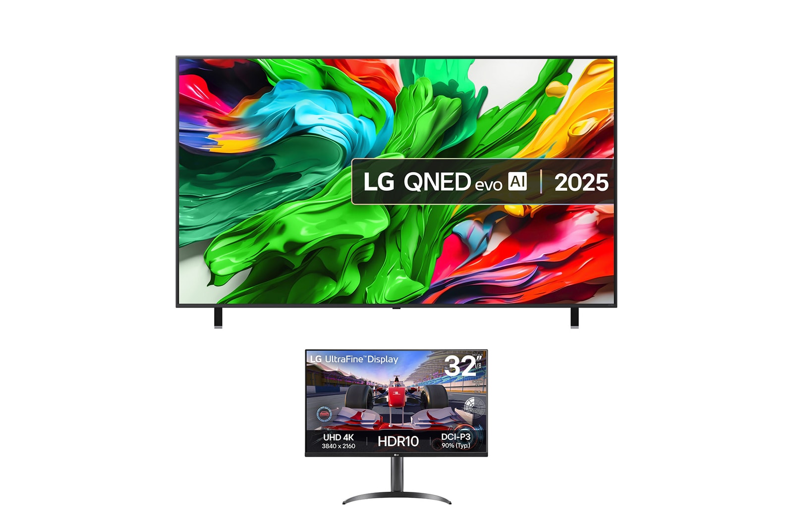 Front view of 86 inch LG QNED evo AI QNED85 MiniLED TV + 32 inch UltraFine Monitor Bundle 86QNED85A6C.32UR550