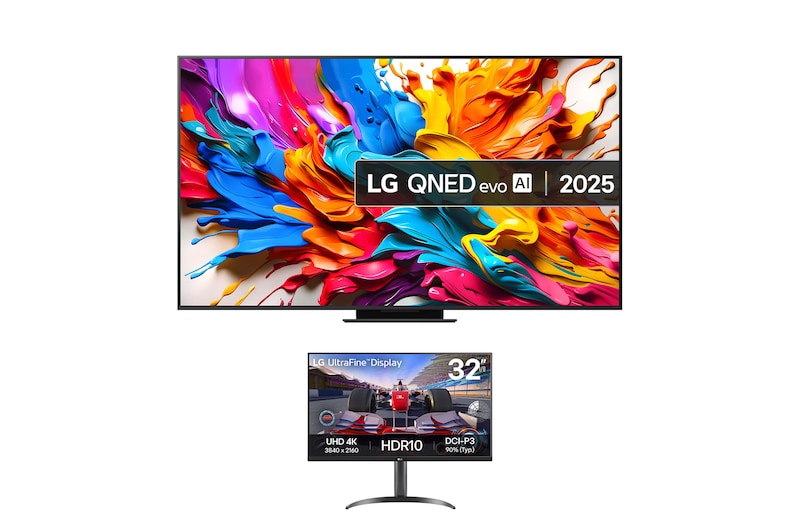 Front view of 86 inch Class LG QNED evo AI QNED9MA Mini LED TV + 32 inch UltraFine Monitor Bundle 86QNED9MA6B.32UR550