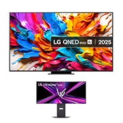 Front view of 86 inch Class LG QNED evo AI QNED9MA Mini LED TV + 34 inch UltraGear™ OLED Curved Gaming Monitor Bundle 86QNED9MA6B.34GX900