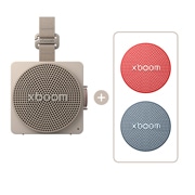 Front view of LG xboom Mini by will.i.am Speaker - Grey & Replacement Grille - Red & Blue Bundle MINIG.AGLBLRB