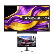 Front view of 48 Inch LG OLED evo AI G5 4K Smart TV 2025 - Stand version OLED48G56LS. Along with the LG UltraFine Display 32UR550K-B Monitor.