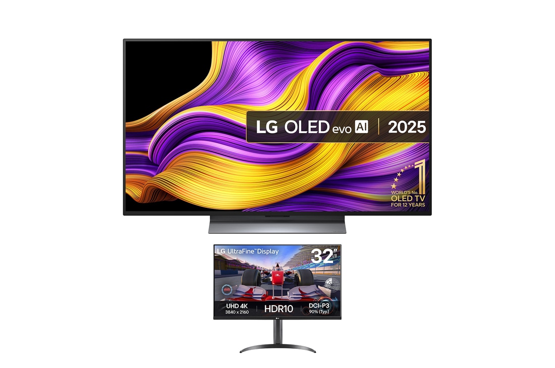 Front view of 48 Inch LG OLED evo AI G5 4K Smart TV 2025 - Stand version OLED48G56LS. Along with the LG UltraFine Display 32UR550K-B Monitor.