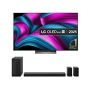 Front view of LG OLED evo AI C5E 4K Smart TV. 12 Years of world number 1 OLED emblem and LG OLED evo AI 2025 logo are on the screen.
