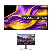Front view of 65 inch LG OLED evo AI G5 TV + 32 inch UltraFine Monitor Bundle OLED65G54LW.32UR550