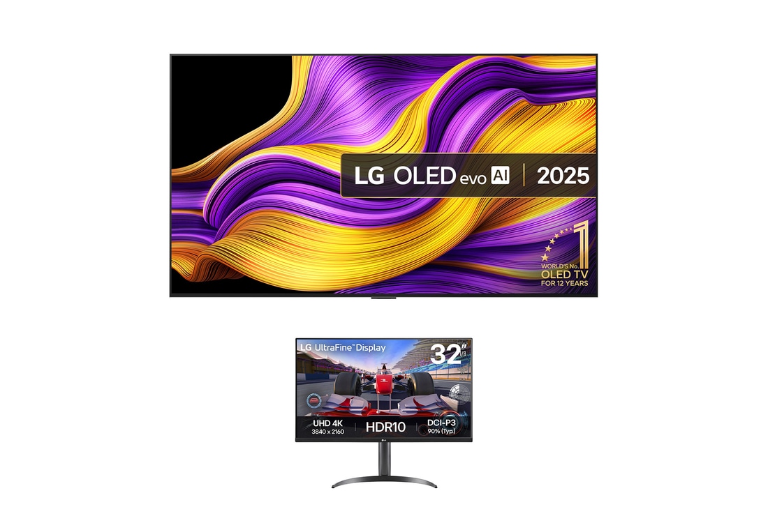 Front view of 65 inch LG OLED evo AI G5 4K Smart TV 2025 - Wall mount version OLED65G54LW. Along with the LG UltraFine Display 32UR550K-B Monitor.