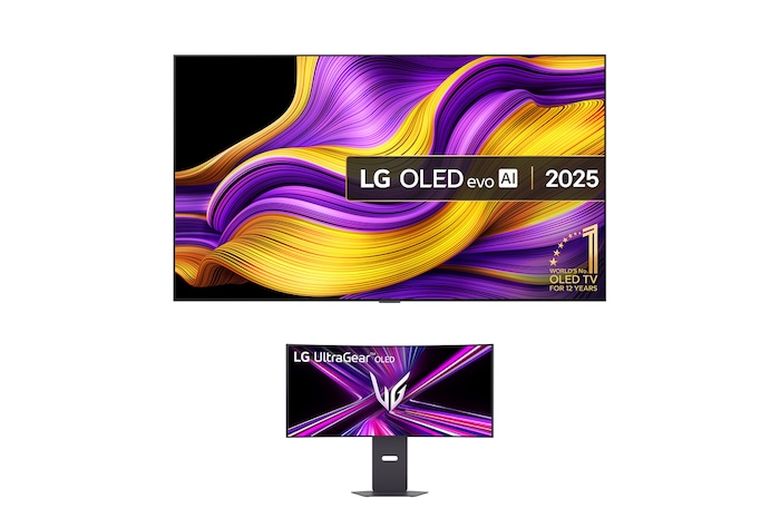 Front view of 77 inch LG OLED evo AI G5 4K Smart TV 2025 - Wall mount version OLED77G54LW. Along with the LG UltraGear OLED 45GX900A-B.