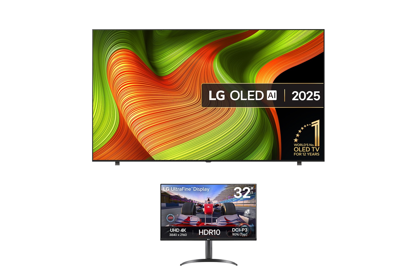 Front view of 83 inch LG OLED AI B5 TV + 32 inch UltraFine Monitor Bundle OLED83B56LA.32UR550