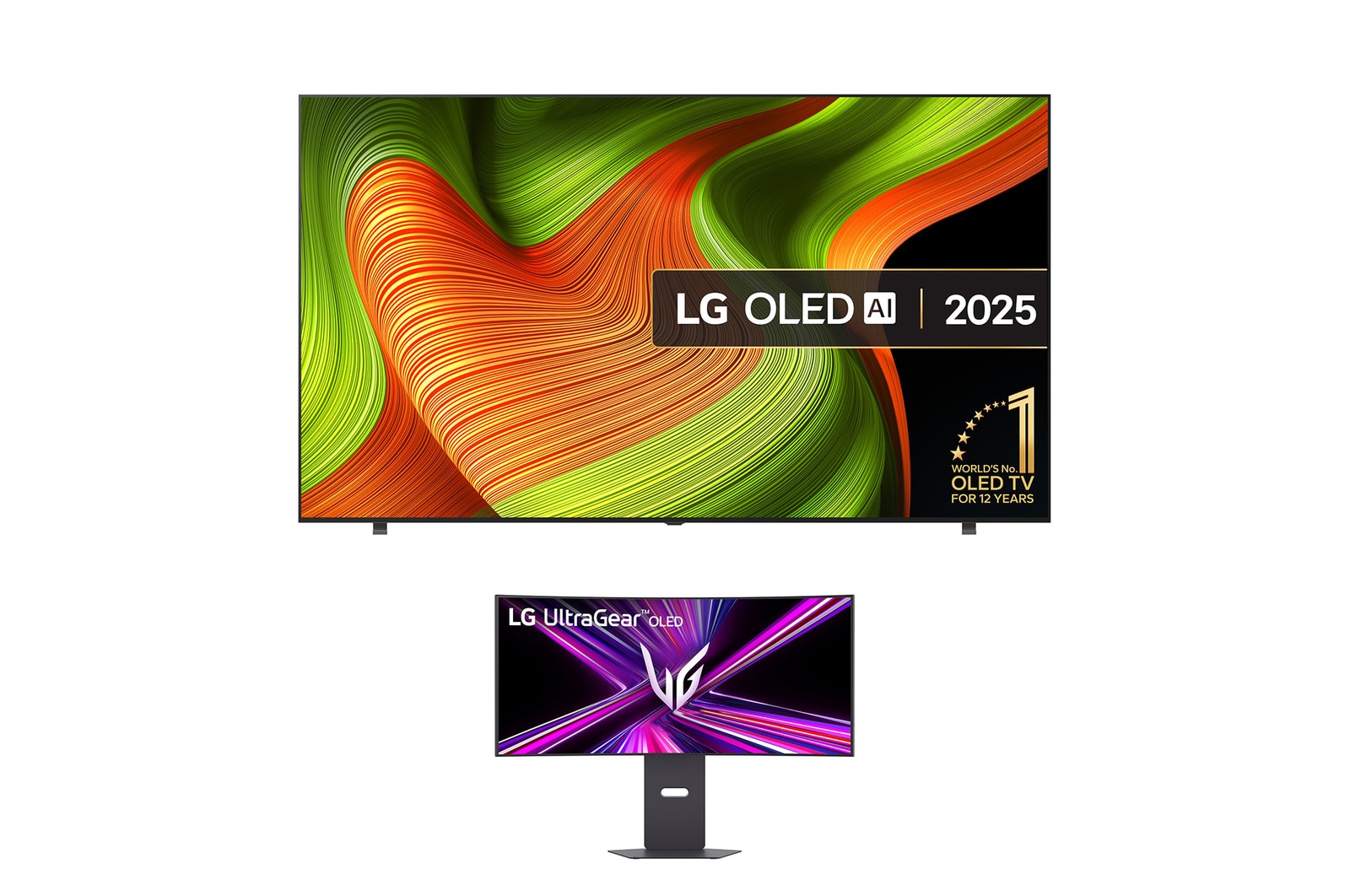 Front view of 83 inch LG OLED AI B5 TV + 34 inch UltraGear™ OLED Gaming Monitor Bundle OLED83B56LA.34GX900
