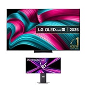 Front view of 83 inch LG OLED evo AI C54 TV + 34 inch UltraGear™ OLED Gaming Monitor Bundle OLED83C54LA.34GX900
