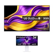 Front view of 83 inch LG OLED evo AI G5 TV + 34 inch UltraGear™ OLED Gaming Monitor Bundle OLED83G54LW.34GX90S