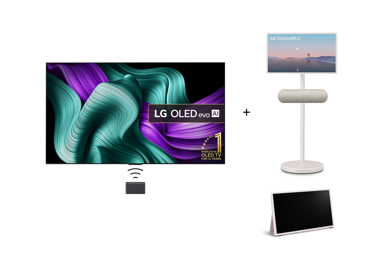 Front view of 97 inch OLED AI M5 TV & StanbyME 2 Screen & XT7S Speaker & Folio Cover Bundle OLED97M59LA.27LXXT7AC001