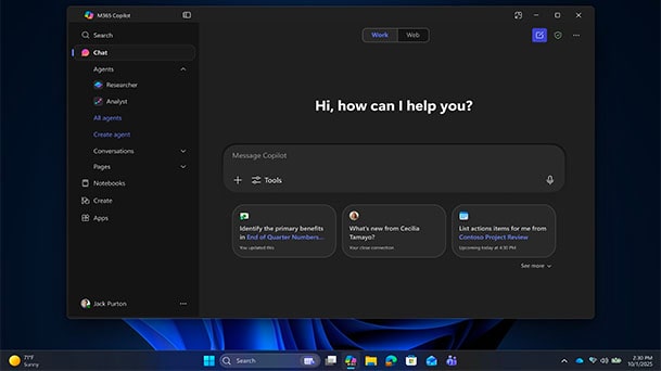 This image shows a screenshot of windows 11 home screen in dark mode with M365 Copilot feature
