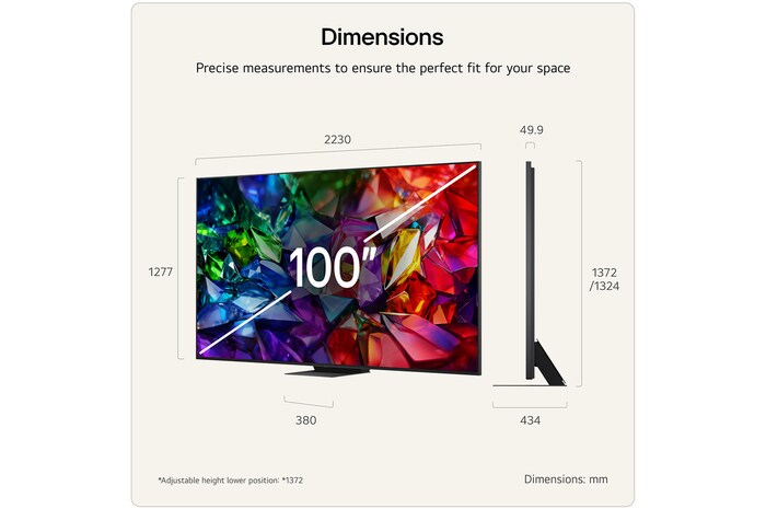 LG Mini RGB evo AI MRGB85 shown in front and side views highlights a 75-inch display with a 1677 mm-wide screen, a 966 mm screen height, a 1032 mm height with stand, a 51.6 mm depth, and a stand footprint measuring 1499 by 359 mm.