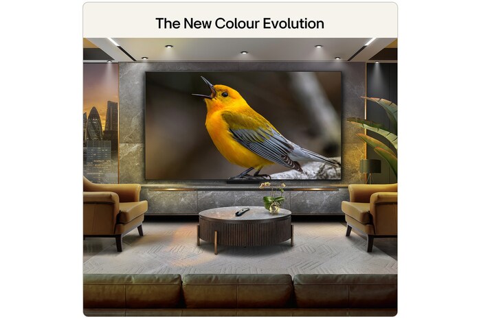 LG Mini RGB evo AI MRGB85 highlights visually lossless quality by displaying a vibrant landscape with clear depth against a dark surrounding area, reflecting visual performance like a wired TV connection.