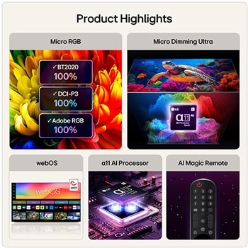 The front view of LG Mini RGB evo AI MRGB85, released in 2026, displays a crystalline image of sharply defined multicolored facets, featuring an 75-inch display, webOS, RGB Primary Color Pro, and the alpha 8 AI Processor 4K Gen3.