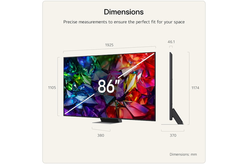 LG Mini RGB evo AI MRGB85 shown in front and side views highlights a 75-inch display with a 1677 mm-wide screen, a 966 mm screen height, a 1032 mm height with stand, a 51.6 mm depth, and a stand footprint measuring 1499 by 359 mm.