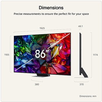 LG Mini RGB evo AI MRGB85 shown in front and side views highlights a 75-inch display with a 1677 mm-wide screen, a 966 mm screen height, a 1032 mm height with stand, a 51.6 mm depth, and a stand footprint measuring 1499 by 359 mm.