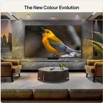 LG Mini RGB evo AI MRGB85 highlights visually lossless quality by displaying a vibrant landscape with clear depth against a dark surrounding area, reflecting visual performance like a wired TV connection.