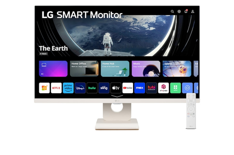 Front view of 27" LG Smart Monitor, Full HD IPS display, webOS, LG ThinQ, Screen Share, Bluetooth, White. (27SR50F)