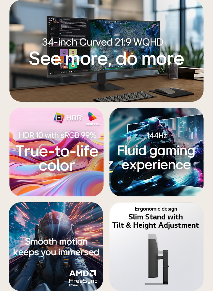 LG UltraWide Curved Monitor feature overview showing a 34-inch WQHD curved display, HDR10 with sRGB 99% color accuracy, essential connectivity, smooth 144Hz refresh rate, AMD FreeSync support, and a slim stand with tilt and height adjustment for immersive gaming and efficient multitasking.