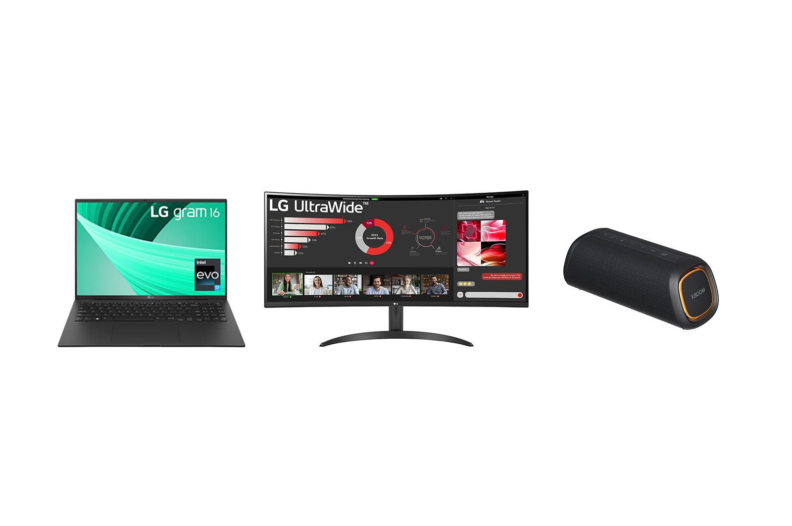 Front view of LG gram 16" Laptop & UltraWide 34" QHD curved Monitor & LG XBOOM Go XG5QBK Speaker 16Z90R34WR.XG5Q