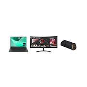 Front view of LG gram 16" Laptop & UltraWide 34" QHD curved Monitor & LG XBOOM Go XG5QBK Speaker 16Z90R34WR.XG5Q