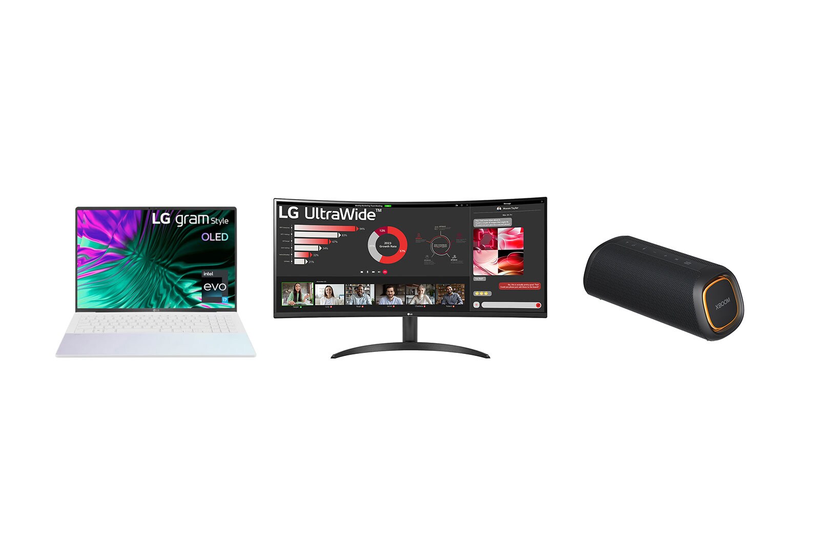 Front view of LG gram Style 16" OLED Laptop & UltraWide 34" QHD curved Monitor & LG XBOOM Go XG7QBK Speaker 16Z90RS34WR.XG7Q