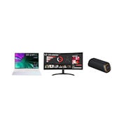 Front view of LG gram Style 16" OLED Laptop & UltraWide 34" QHD curved Monitor & LG XBOOM Go XG7QBK Speaker 16Z90RS34WR.XG7Q