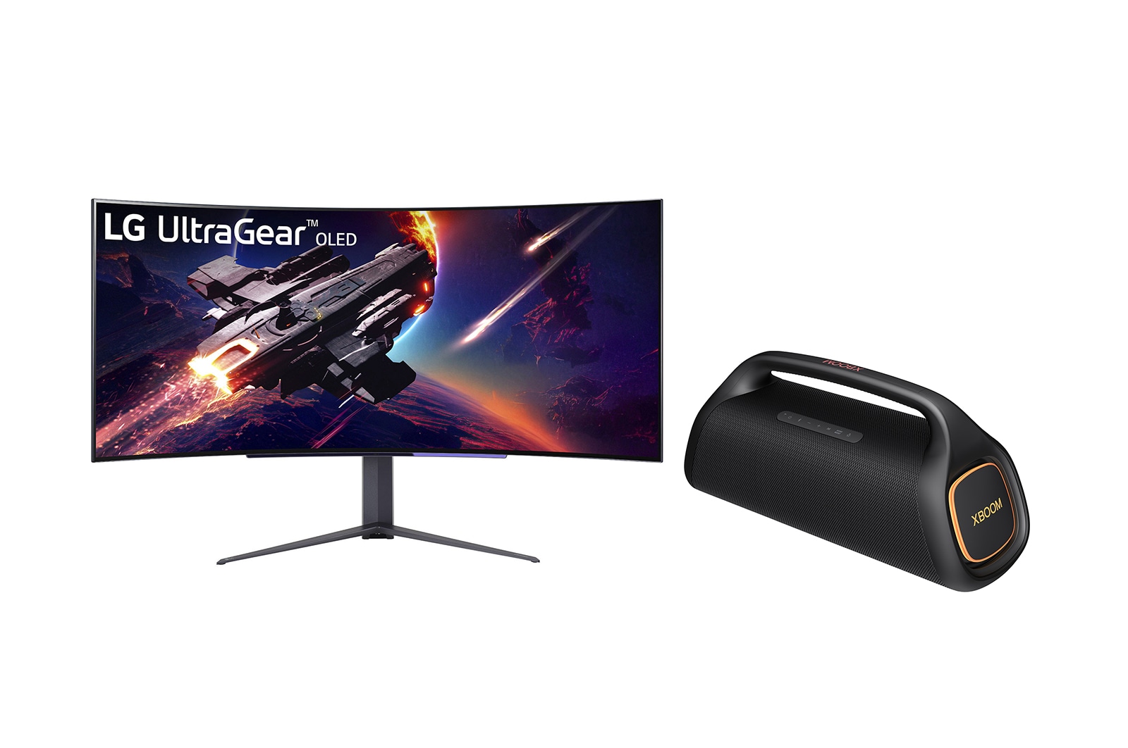 Front view of LG 45'' UltraGear™ OLED Curved Gaming Monitor & LG XBOOM Go XG9QBK 45GR95QE-B.XG9QBK