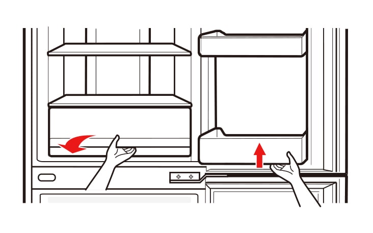 Remove the lower basket from the door raising the basket Pull the drawer all the way out raising it by the front part and pulling