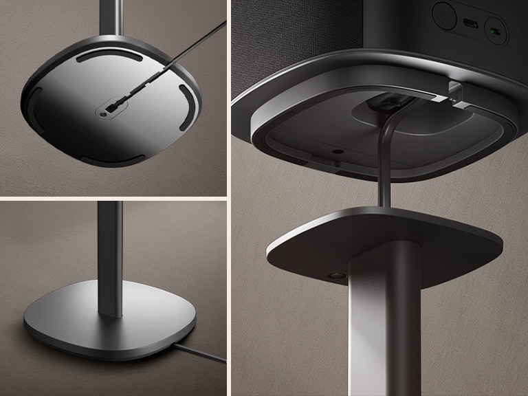  3 images showing how Sound Suite M7&M5's cable is neatly managed with the stand with matched color and finish